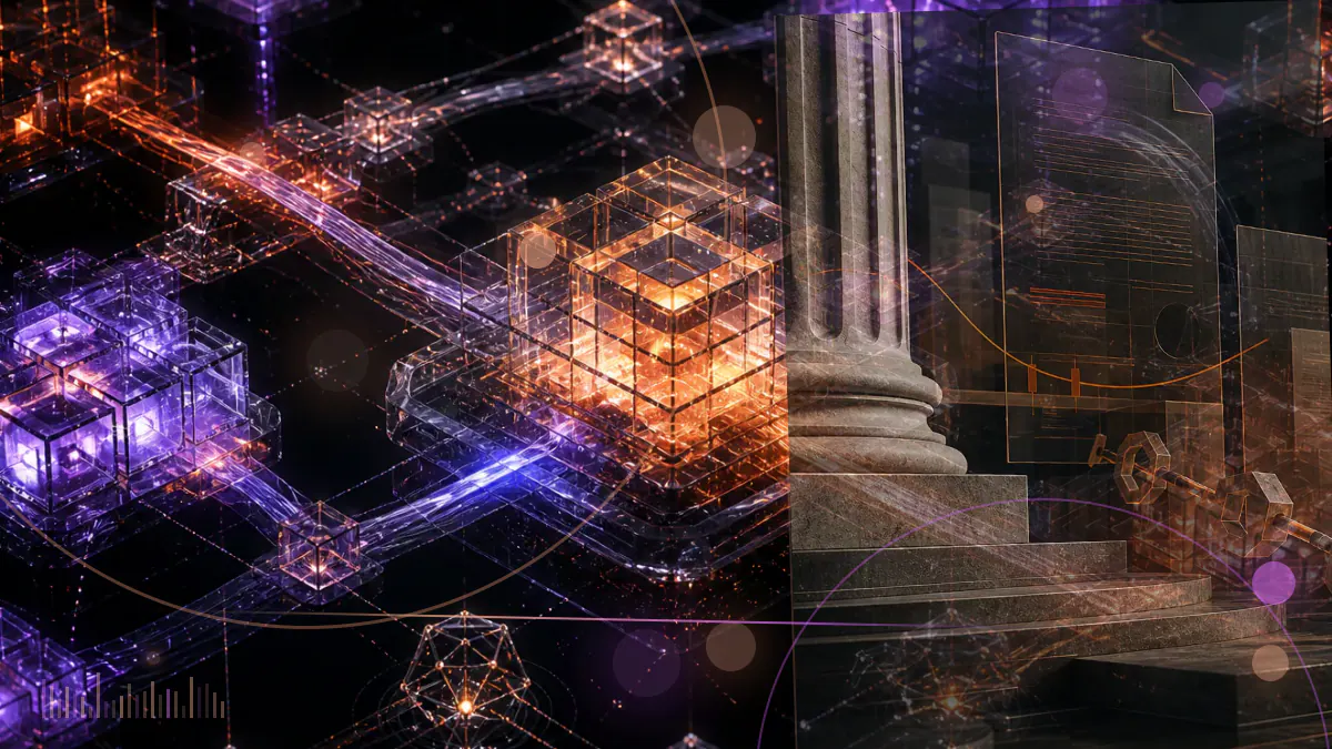 Conceptual illustration of a congressional policy document connected to digital tokens and a distributed ledger