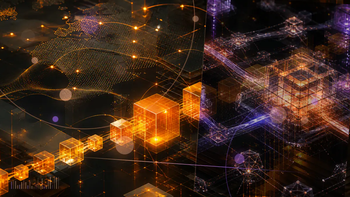 Conceptual illustration of descending cryptocurrency market lines across a network of bitcoin and digital-asset nodes