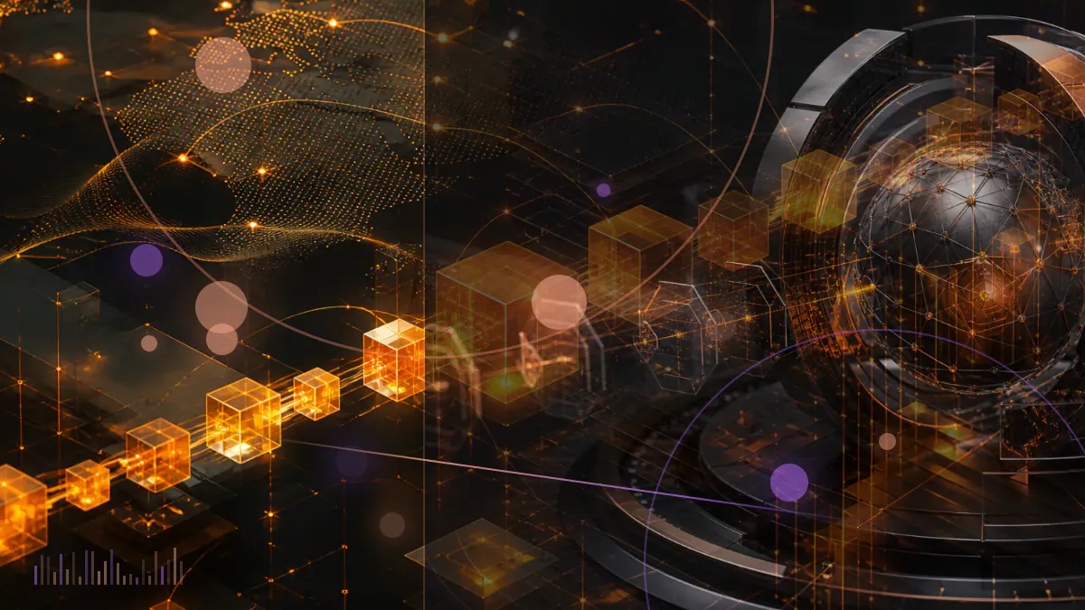 Conceptual illustration of a cryptocurrency exchange office contracting around a digital trading network