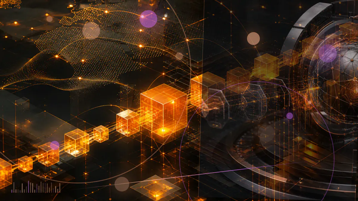 Conceptual illustration of a yen-denominated digital token and bitcoin-linked asset settling across a regulated blockchain network