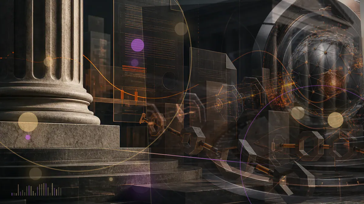 Conceptual illustration of a federal court complaint confronting a regulatory ledger connected to decentralized liquidity pools