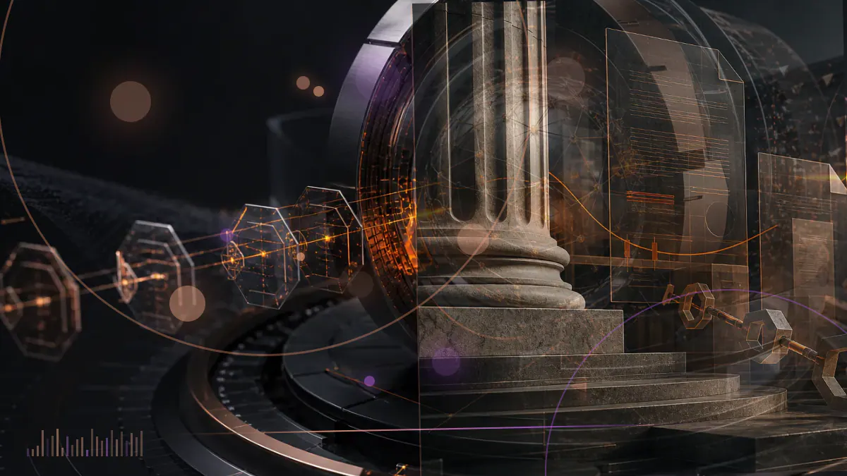 Conceptual illustration of a bitcoin under review beside a Czech central-bank reserve ledger and European institutional columns