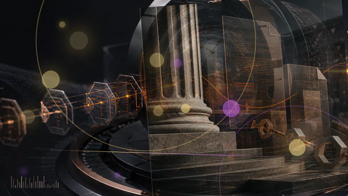 Conceptual illustration of tokenized collateral and digital cash settling across an institutional blockchain network between Asian and American bank terminals