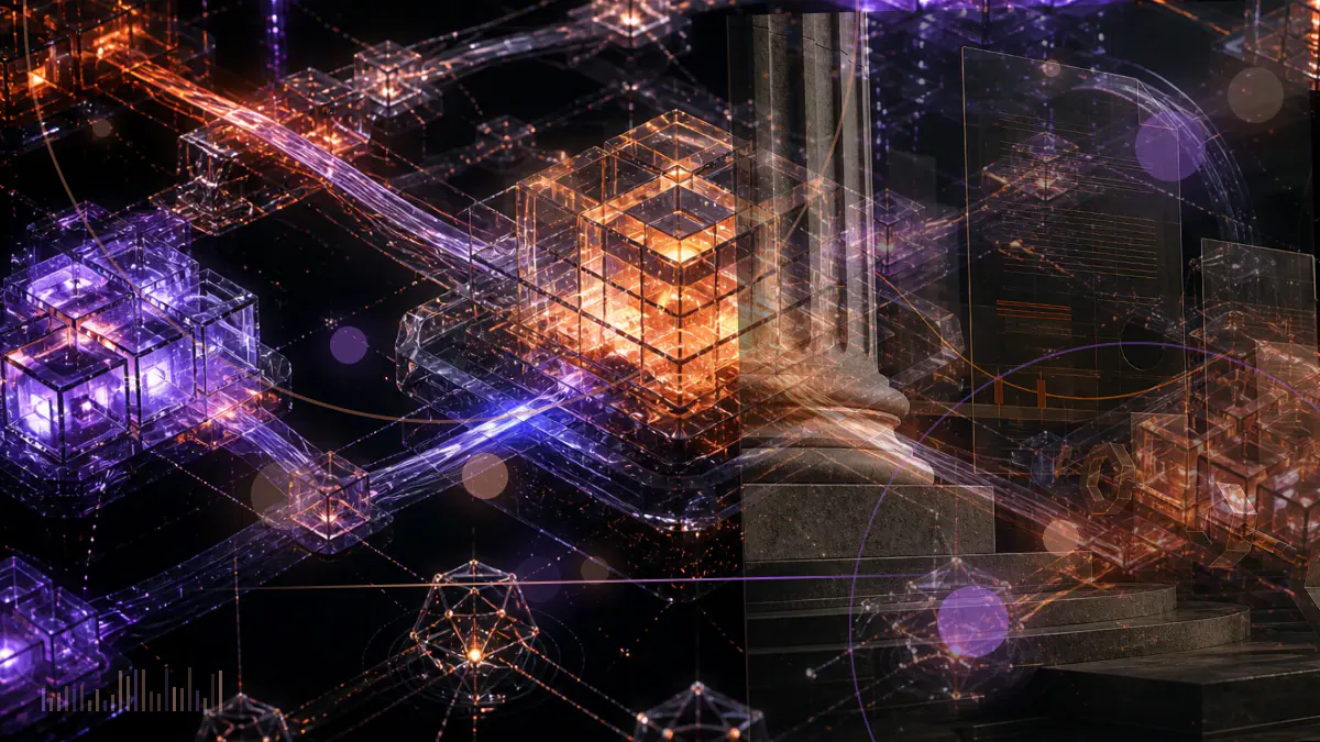Conceptual illustration of a bitcoin transaction path passing through a courthouse and money-transmission compliance framework