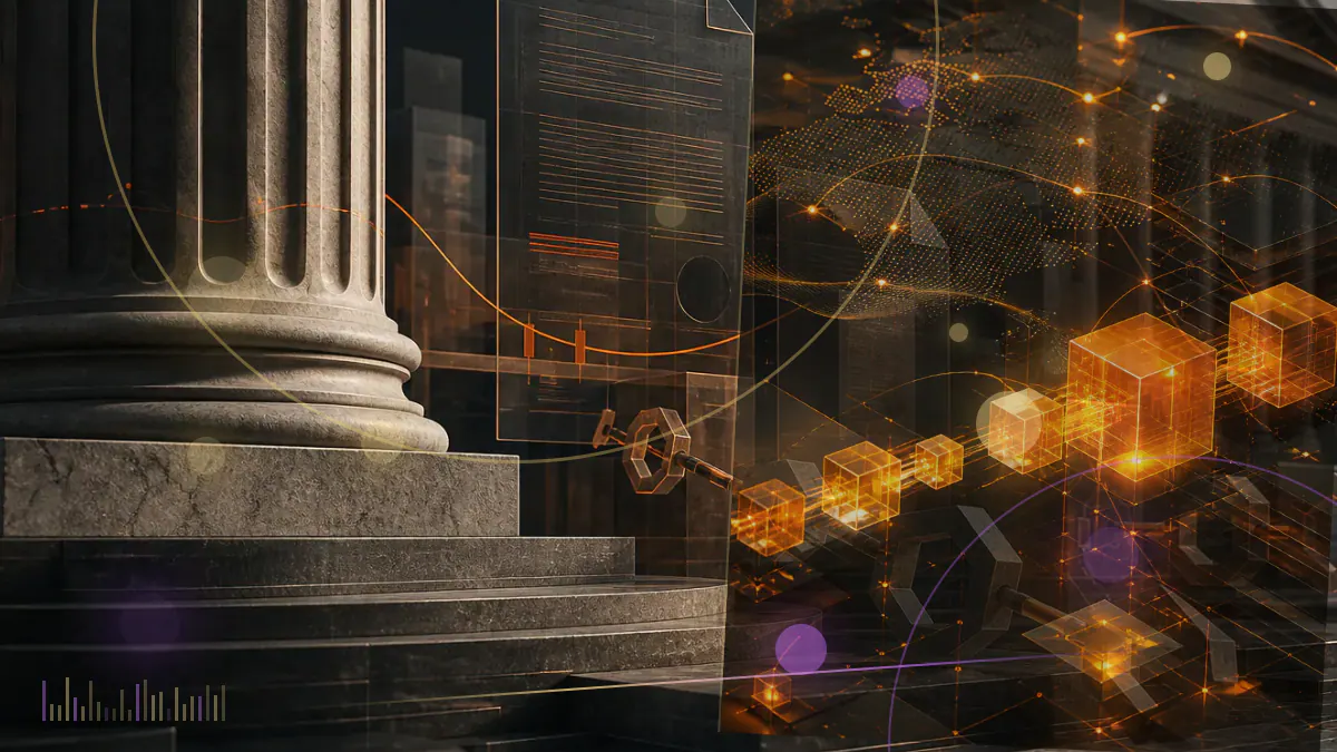 Conceptual illustration of a Bitcoin mining facility beside a federal tax ledger with the proposed electricity levy omitted
