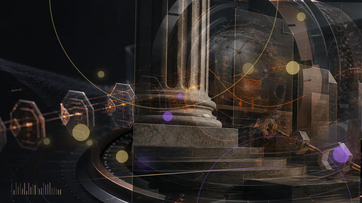 Conceptual illustration of a luminous virtual-world grid and digital land parcels surrounded by rising token-market signals