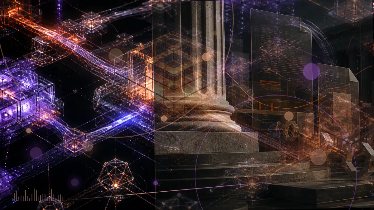 Conceptual illustration of bitcoin and ether option contracts converging on a quarter-end settlement clock above a derivatives ledger