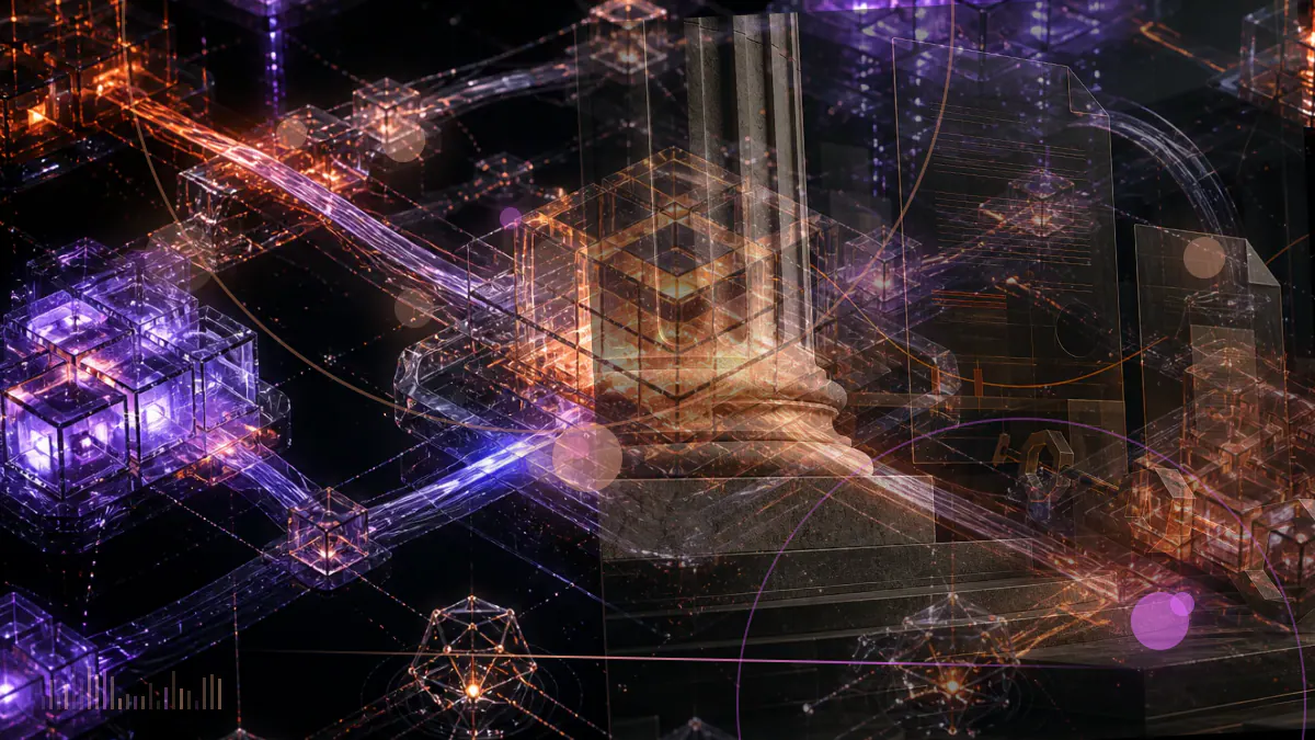 Conceptual illustration of a euro-denominated bank payment moving between Deutsche Bank and DBS through a blockchain settlement ledger