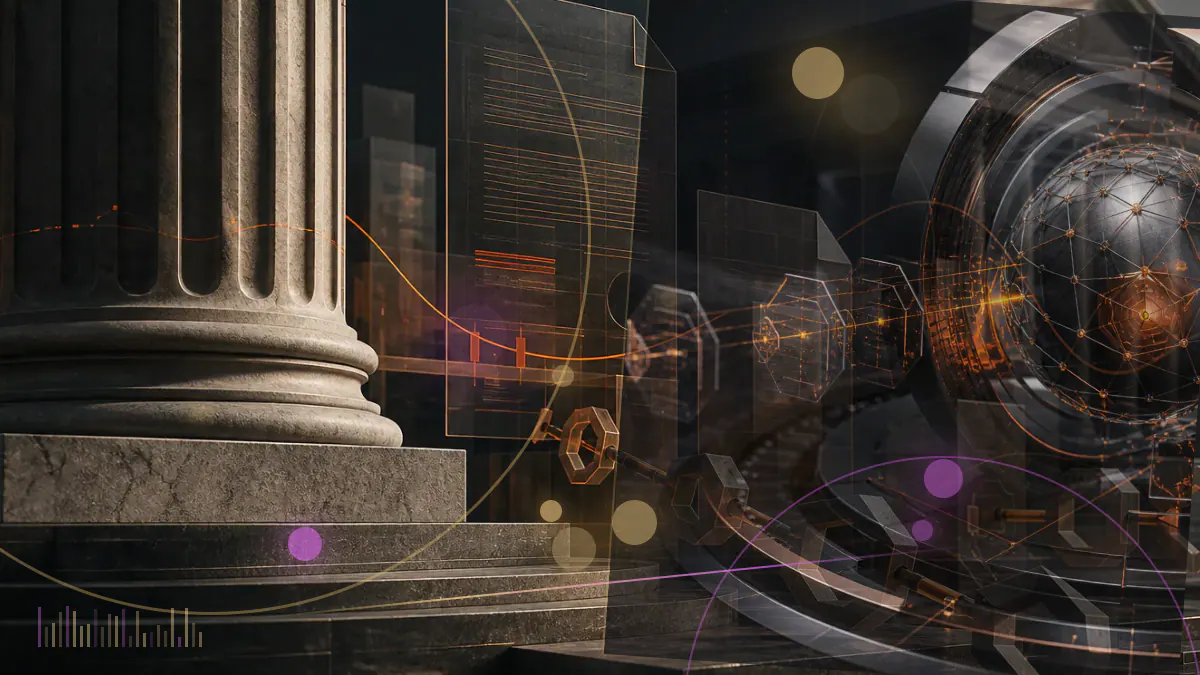 Conceptual illustration of token issuance, institutional custody, banking and exchange infrastructure connected through a regulated digital ledger