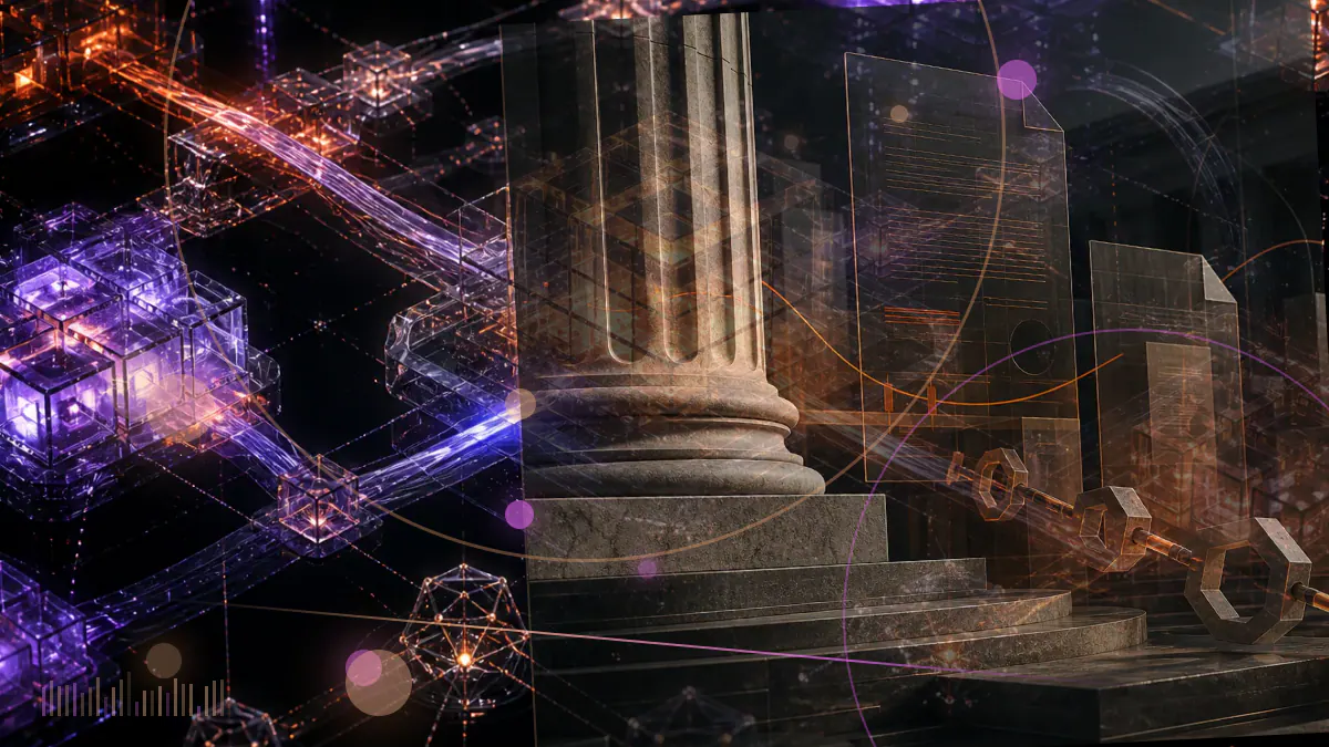 Conceptual illustration of a federal courthouse dossier above a fractured Terra stablecoin network