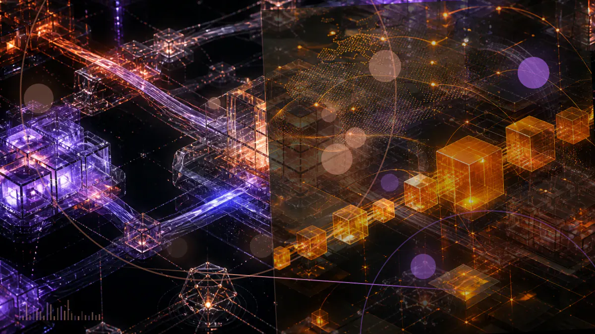 Conceptual illustration of a federal enforcement ledger examining cryptocurrency exchanges, privacy tools and cross-border blockchain transactions