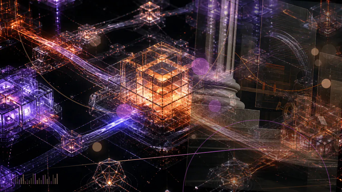 Conceptual illustration of regulated securities records converting into blockchain tokens across institutional settlement networks