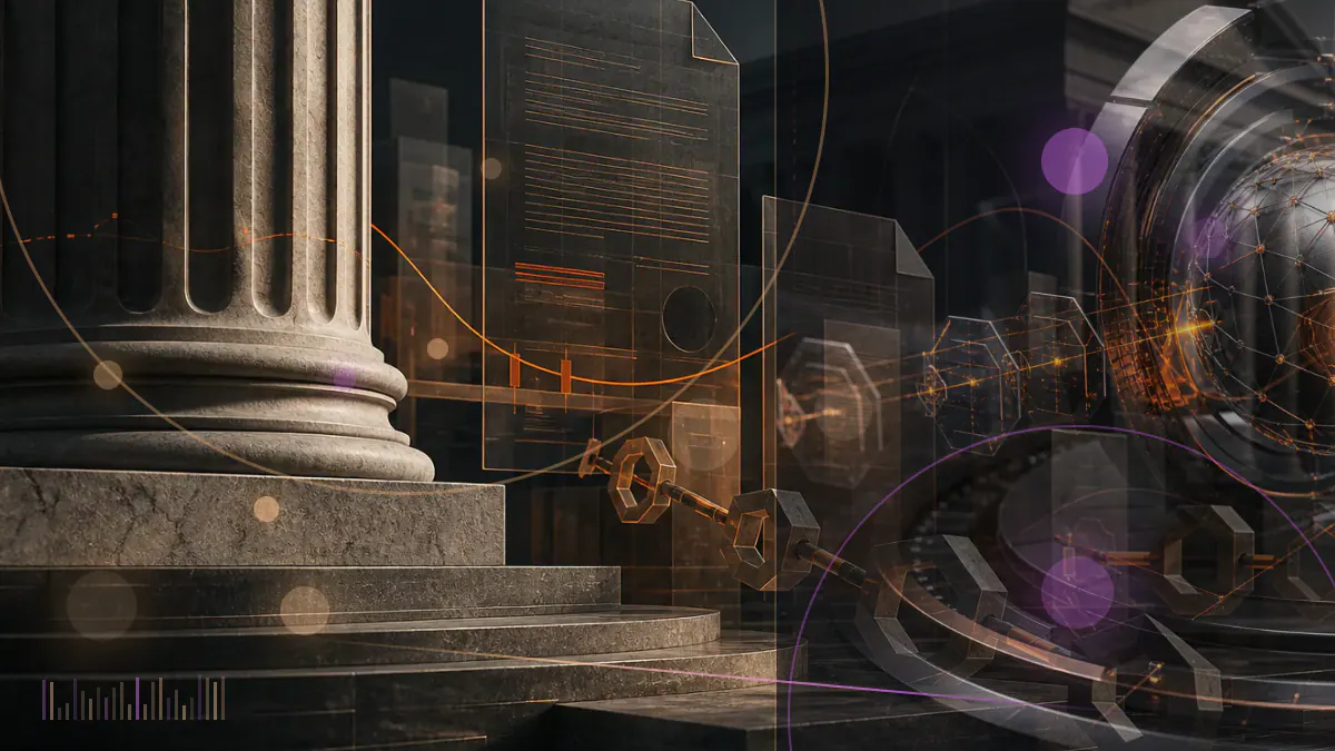 Conceptual illustration of regulated securities records moving between traditional market infrastructure and blockchain wallets
