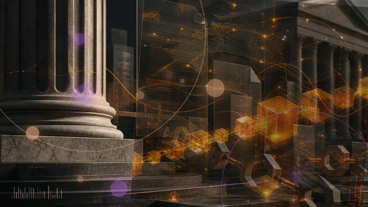 Conceptual illustration of a luminous digital euro symbol above an abstract European payment network
