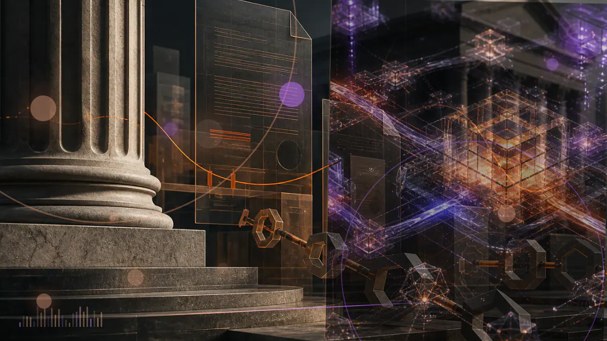 Conceptual illustration of a replicated blockchain ledger intersecting with a European privacy shield and an off-chain data store