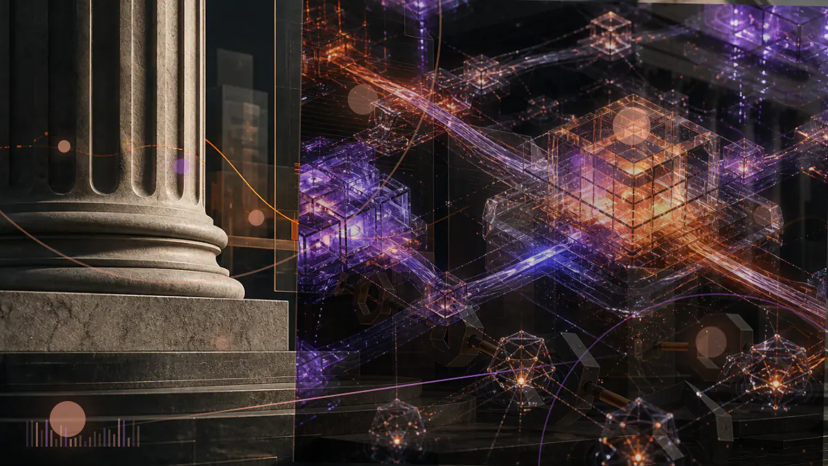 Conceptual illustration of a circular bitcoin-powered city beside a luminous volcano, with bond and digital-network motifs
