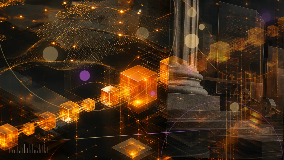 Conceptual illustration of a Salvadoran private investment bank connecting dollar and bitcoin financial rails beneath a legislative document
