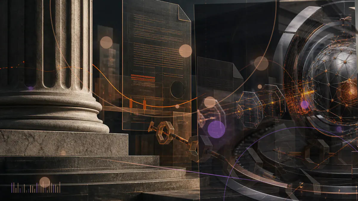 Conceptual illustration of eleven digital court filings converging on cryptocurrency exchanges and token networks beneath a federal courthouse