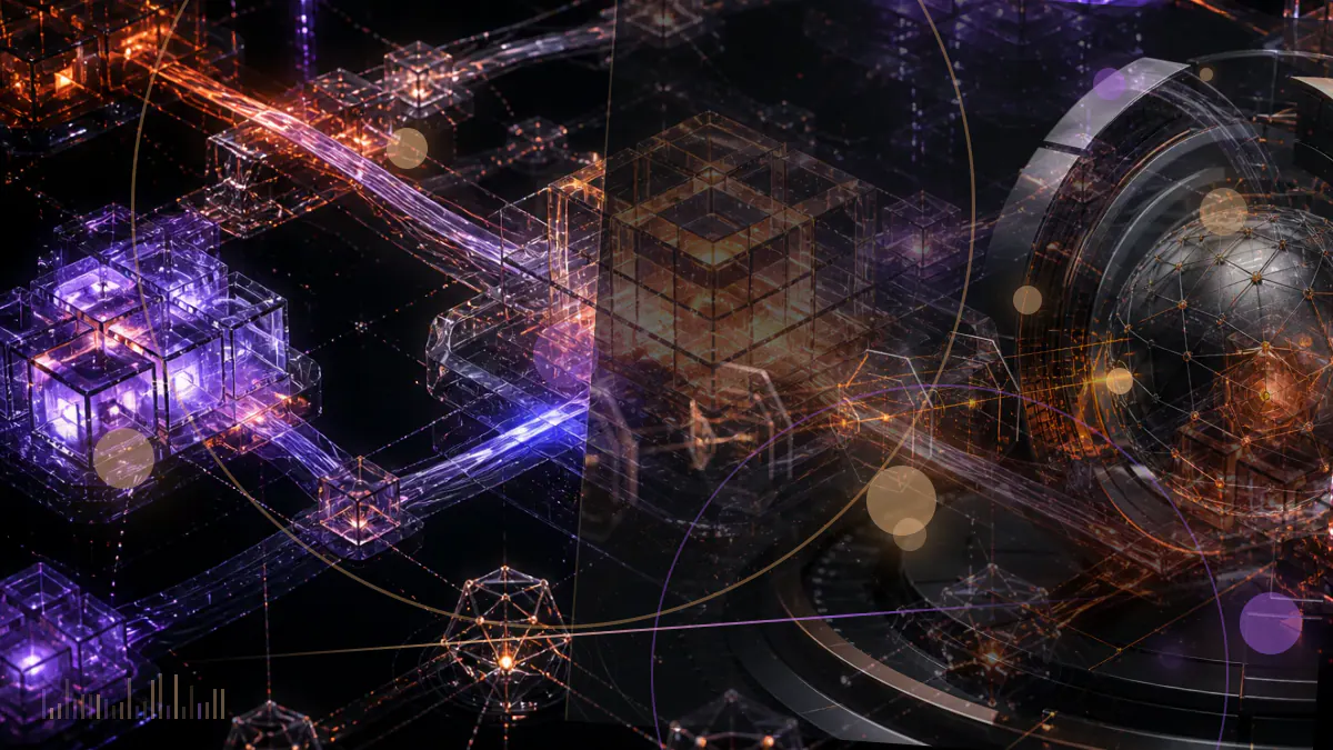 Conceptual illustration of successive Bitcoin Lightning channel states converging on one final blockchain settlement
