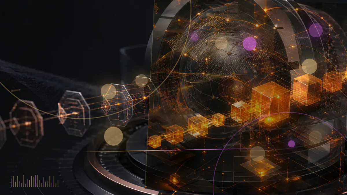 Conceptual market chart rising around an EOS token symbol before a partially constructed blockchain network