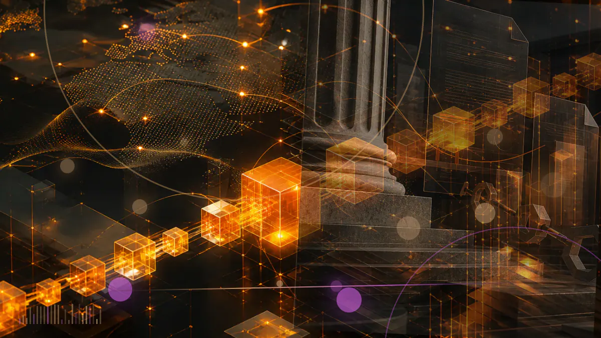 Conceptual network of interconnected blockchain nodes surrounding a market-priced memory grid