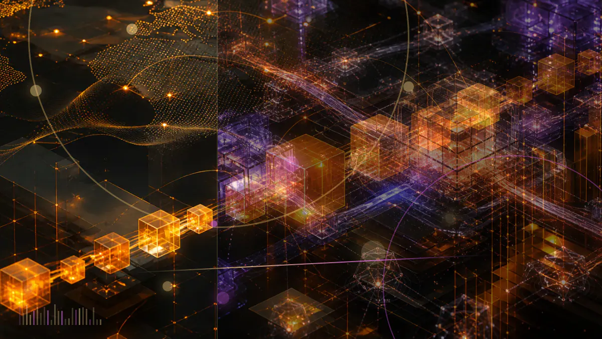 Conceptual illustration of ERC-20 token transactions rising above native Ethereum traffic across a blockchain network