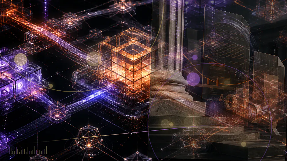 Conceptual illustration of stablecoin tokens passing through a European regulatory checkpoint while an exit route remains open