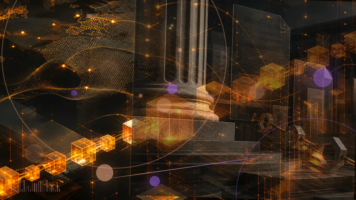 Conceptual illustration of ether rising along a luminous market path while bitcoin moves lower against an August calendar grid