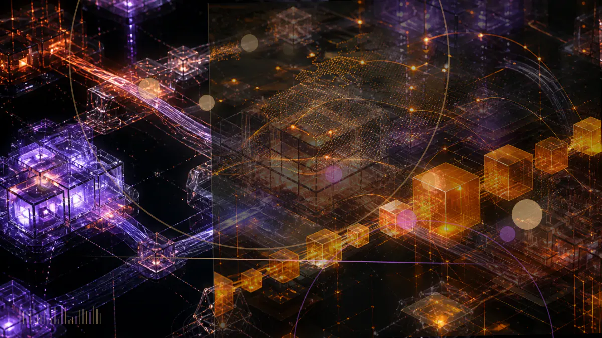 Conceptual illustration of Ether moving ahead of Bitcoin on a trading-volume display surrounded by decentralized-finance tokens