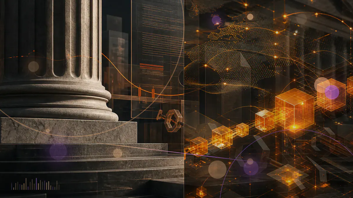 Conceptual illustration of ether and bitcoin descending across a dark market chart after Ethereum’s proof-of-stake transition