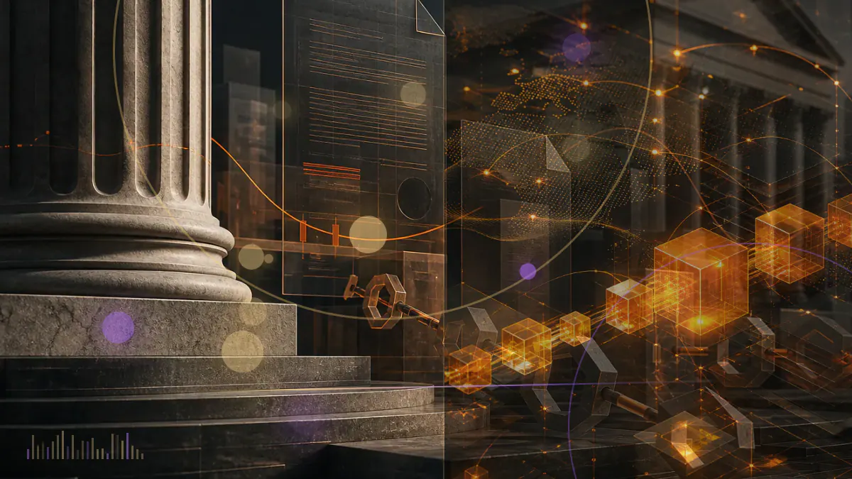 Conceptual illustration of Ethereum market data rising beside a proof-of-stake protocol timeline