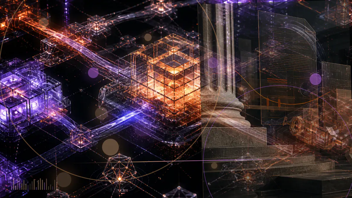 Conceptual illustration of Ethereum protocol components being separated from a staged network-upgrade path