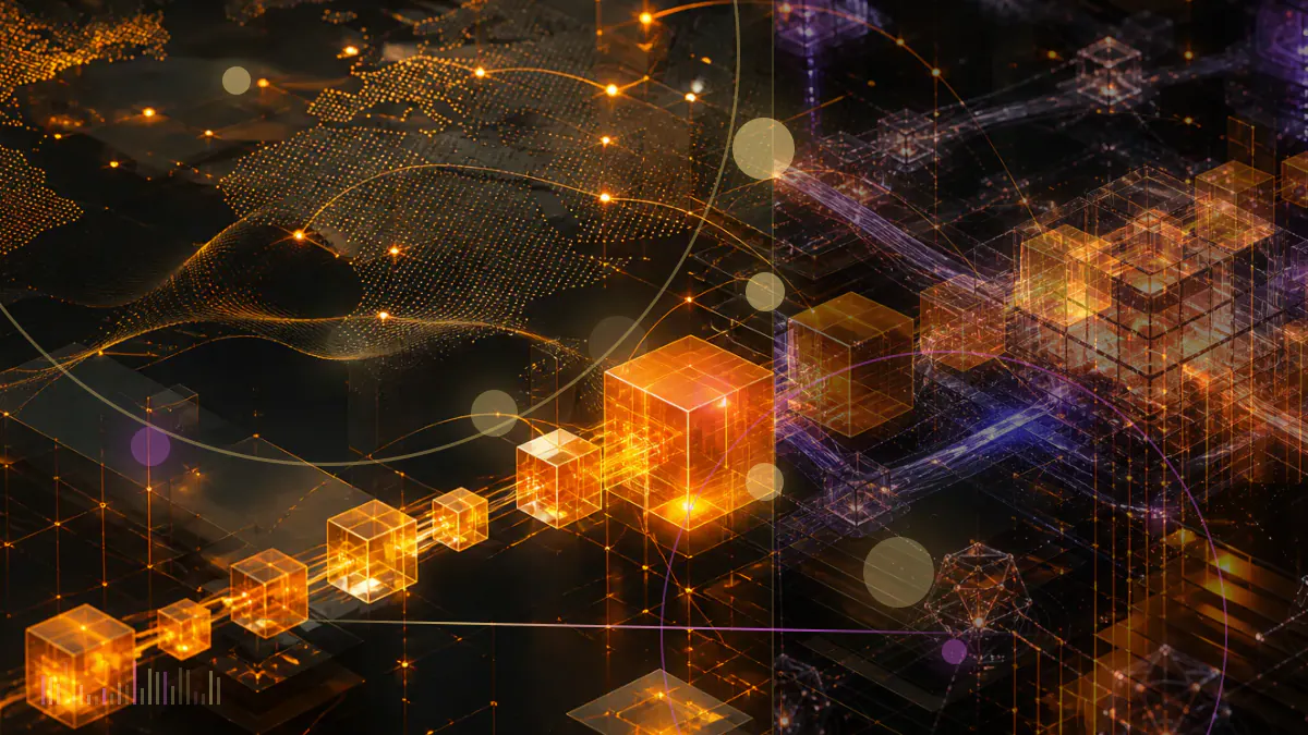 Conceptual illustration of a proof-of-work blockchain splitting into competing transaction histories