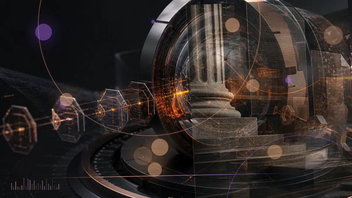Conceptual illustration of an Ethereum Classic chain splitting beneath rented mining power while regulatory and security shields move into place