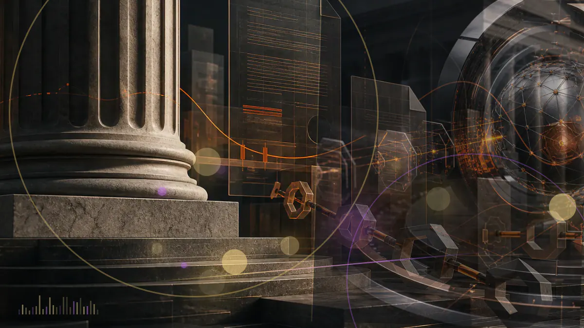 Conceptual illustration of an Ethereum Foundation leadership handover between executive figures beside an abstract blockchain network