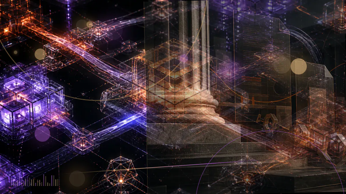 Conceptual illustration of Ethereum’s execution chain joining a proof-of-stake validator network as mining equipment powers down