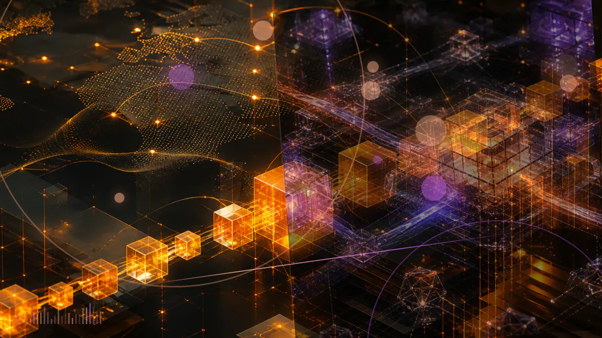 Conceptual illustration of Ethereum GPU and ASIC mining hardware divided by an experimental ProgPoW code path