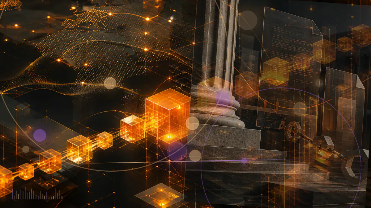 Conceptual illustration of 27 European nodes converging on a shared digital-asset regulatory ledger