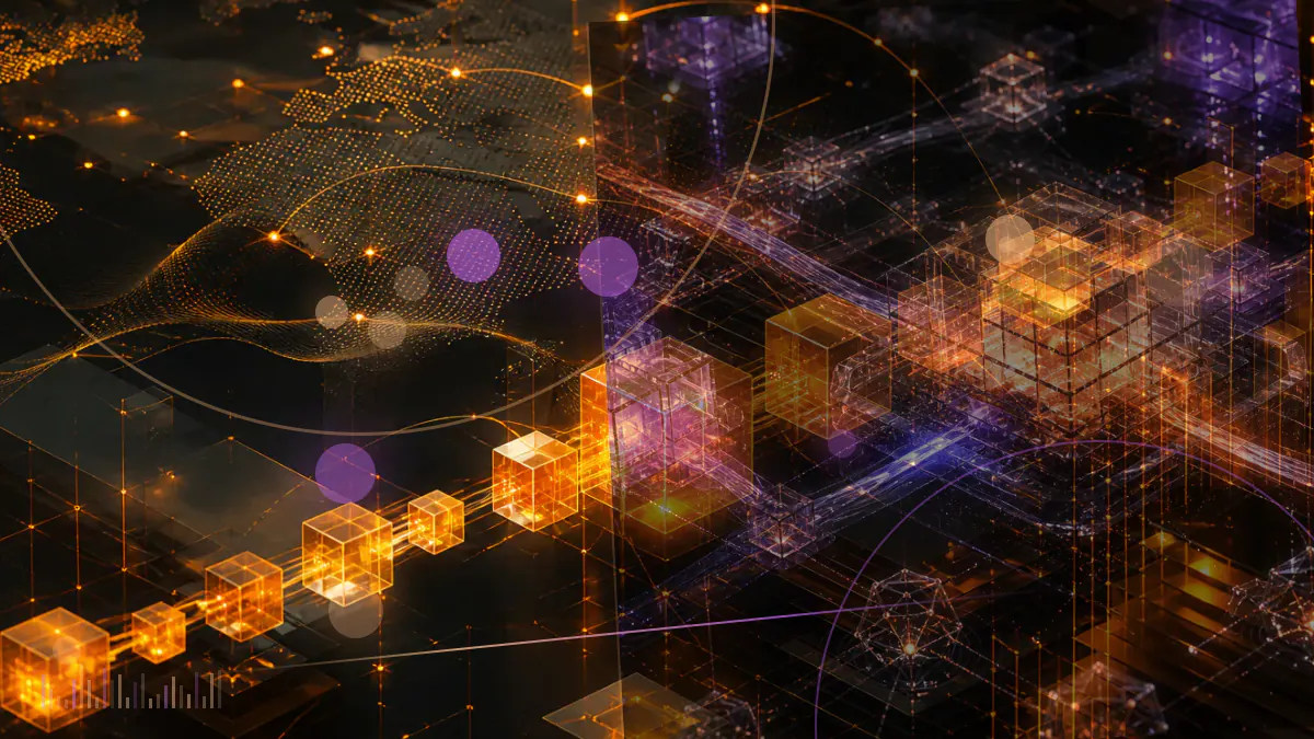 Conceptual illustration of a European regulatory document beside interconnected crypto tokens and a digital ledger