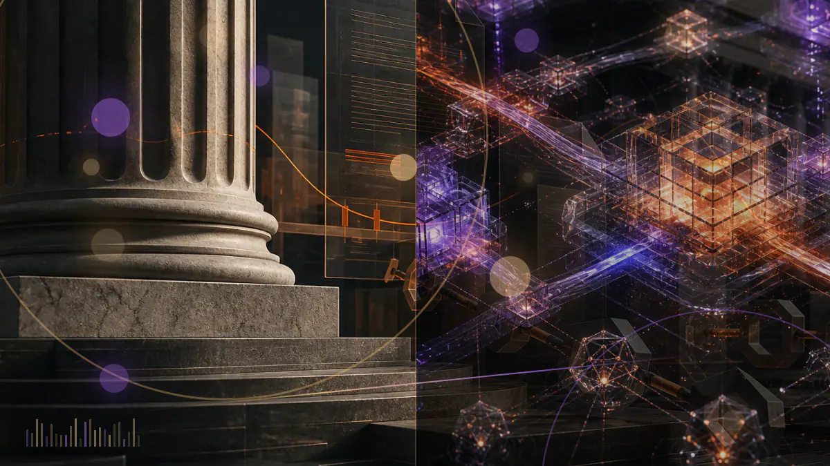 Conceptual illustration of a European regulatory ledger connecting stablecoins, token issuers, trading platforms and digital-asset custodians