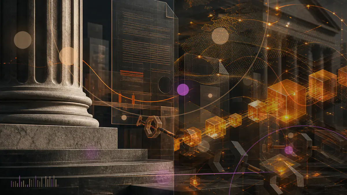 Conceptual illustration of a European legislative chamber framing a digital-asset ledger and regulated crypto transfers