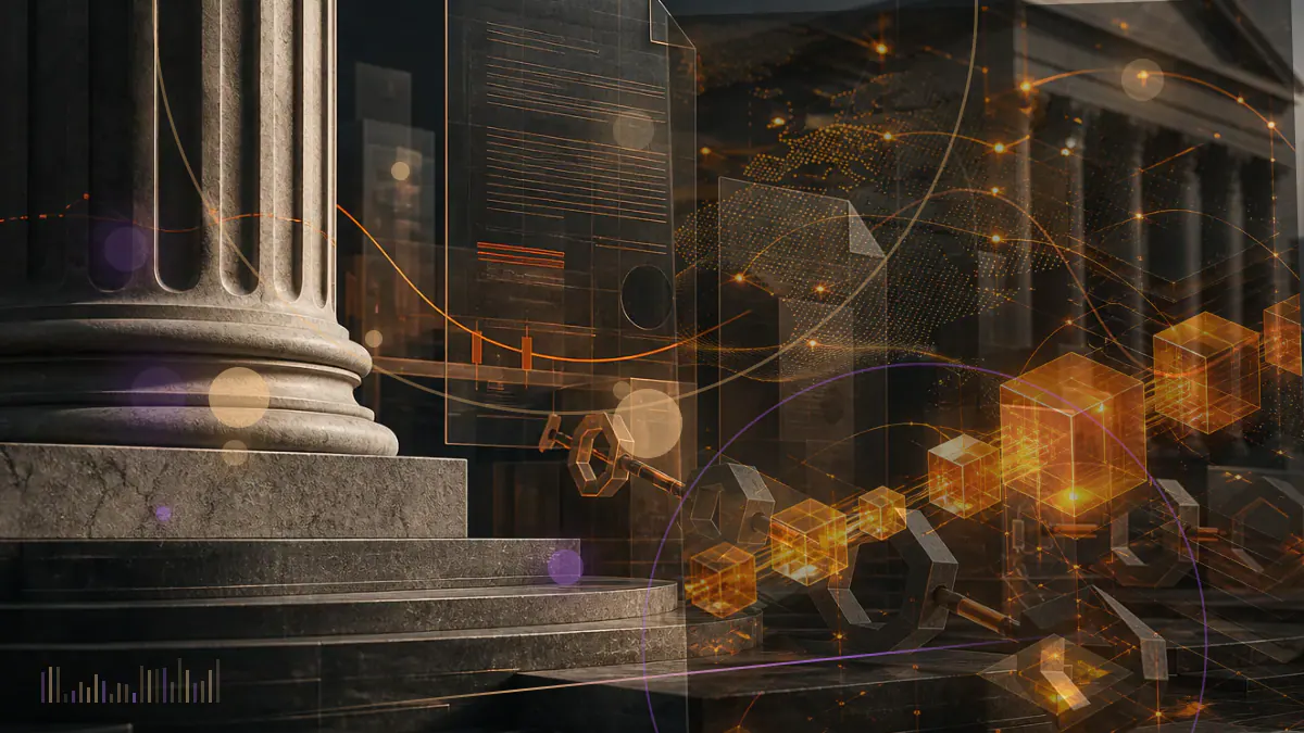 Conceptual illustration of a European regulatory document tracing crypto transfers between an exchange and a self-custodied digital wallet