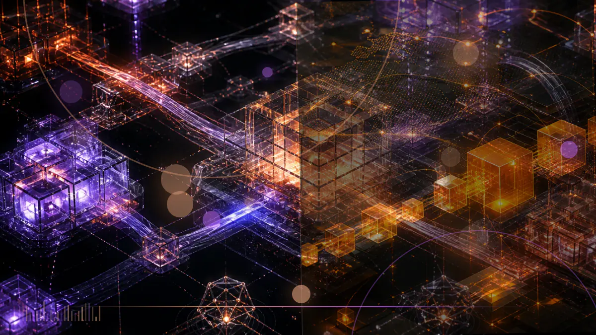 Conceptual illustration of European government buildings connected by a shared blockchain-style public-services network