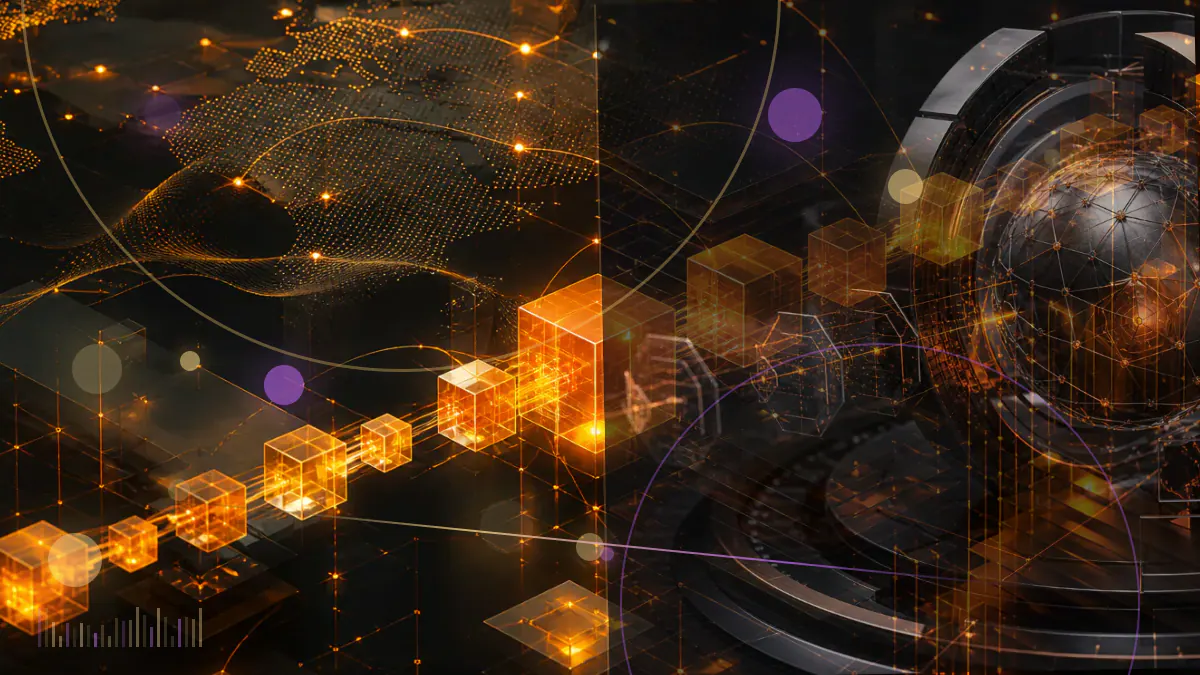 Conceptual illustration of the European Parliament connected to a distributed ledger and digital-token network