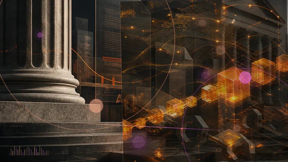 Conceptual illustration of tokenized securities connecting through a digital bridge to European central-bank settlement rails