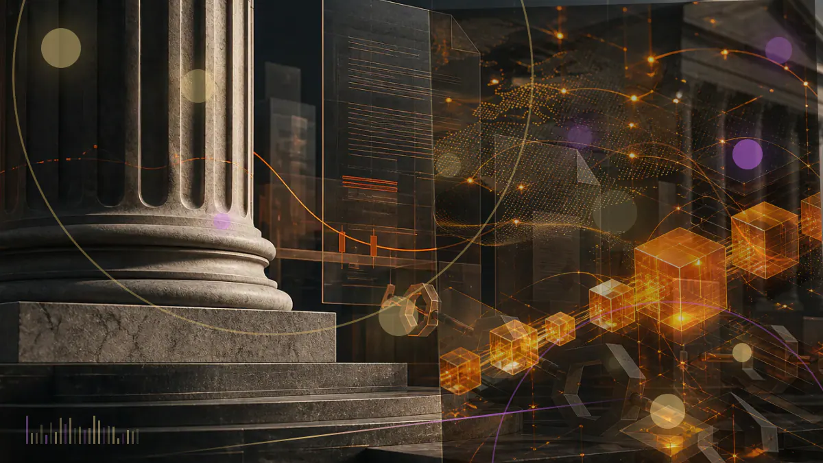 Conceptual illustration of XRP tokens passing through a narrowing SPAC structure toward the Nasdaq market
