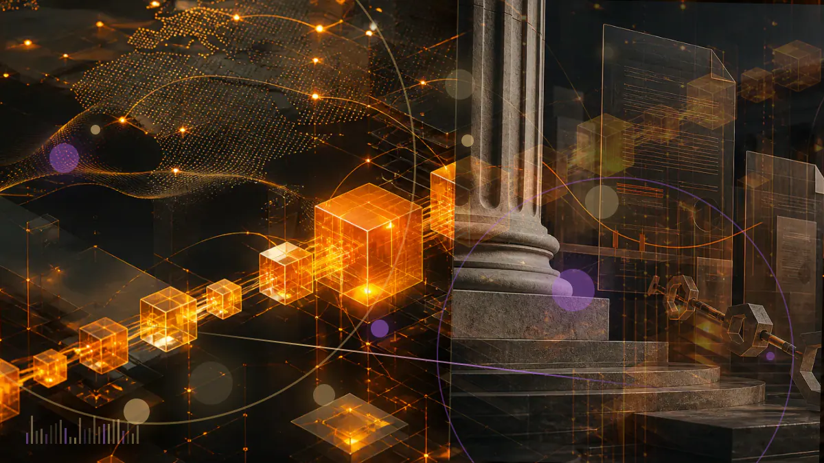 Conceptual illustration of a Bitcoin Cash coin approaching a forked network junction while exchange transfer gates are closed