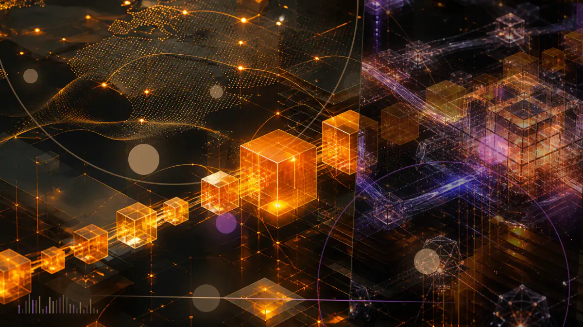 Conceptual illustration of a social-network grid connecting to a blockchain ledger, representing Facebook’s exploratory blockchain group