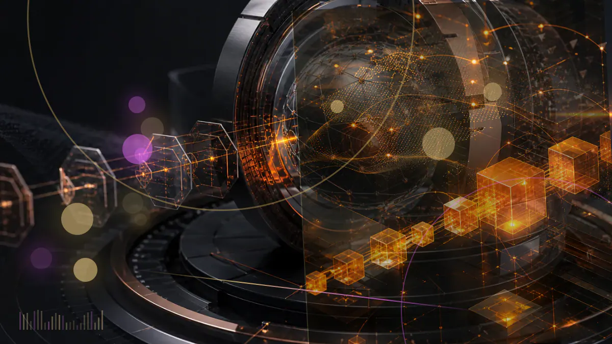 Conceptual illustration of a Libra digital token confronting the columns and hearing microphones of the United States Congress
