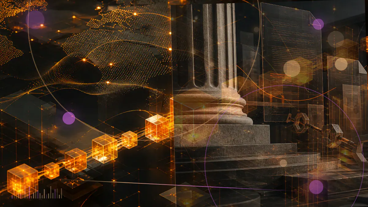 Conceptual illustration of a UK regulatory document connecting crypto trading platforms, token disclosures and blockchain surveillance signals